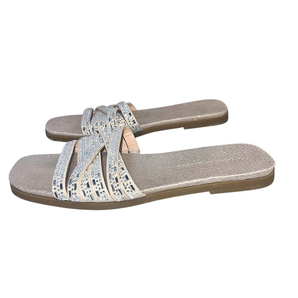 Kelly & Katie metallic silver slide sandals rhinestone-embellished straps 10M‎